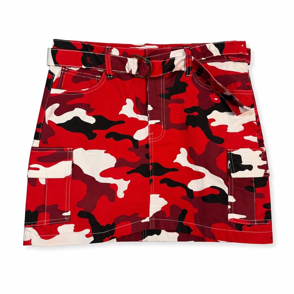 Red Camouflage Cargo Mini Skirt Belt Utility Streetwear Y2K Red Black White sz L
